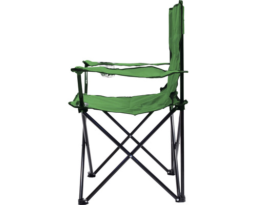 Zelená kempingová stolička s držiakom na nápoje a čiernym kovovým rámom