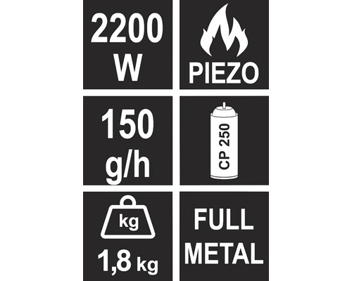 Technické detaily: výkon 2200 W, piezo zapaľovanie, spotreba 150 gramov za hodinu, kompatibilný s CP 250, hmotnosť 1,8 kg, kompletne z kovu