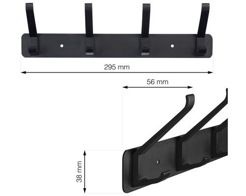 Čierna šatníková tyč s rozmermi 295 mm x 56 mm x 38 mm
