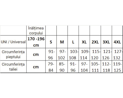 Tabuľka veľkostí odevov s informáciami o výške postavy, obvode hrudníka a pása v centimetroch