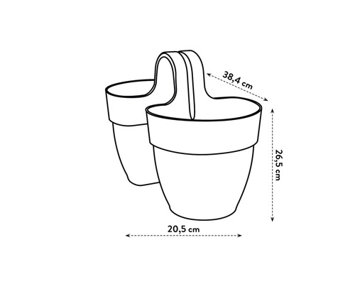 Nákres kvetináča s rozmermi 38,4 cm šírka, 26,5 cm výška a 20,5 cm hĺbka