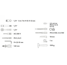 Prehľad nástrojov s kľúčmi, skrutkovačmi, kliešťami, kladivom a zvinovacím metrom