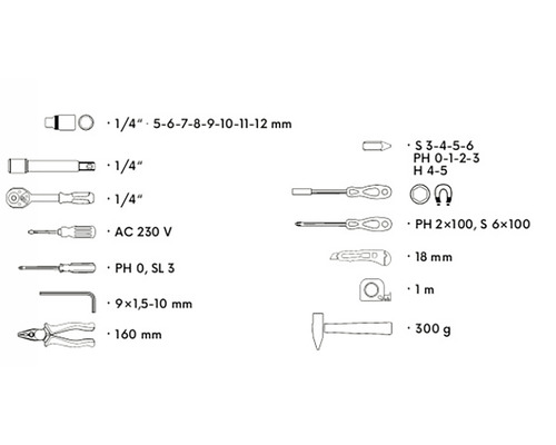 Prehľad nástrojov s kľúčmi, skrutkovačmi, kliešťami, kladivom a zvinovacím metrom