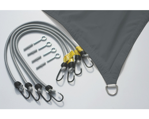 Sivá slnečná plachta s upevňovacími lanami a skrutkovacími hákmi