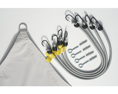 Upevňovacia sada pre slnečné plachty s napínacími lanami, hákmi, skrutkami a hmoždinkami