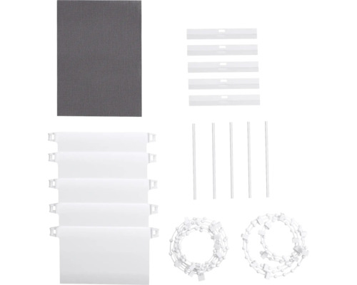 Sada náhradných dielov pre vertikálne žalúzie s lamelami, zaťažovacími doskami, spojovacími prvkami a retiazkami