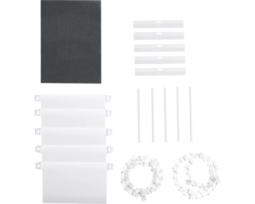 Komponenty pre rolety: látka, zaťažovacie tyče, reťaze, držiaky lamiel