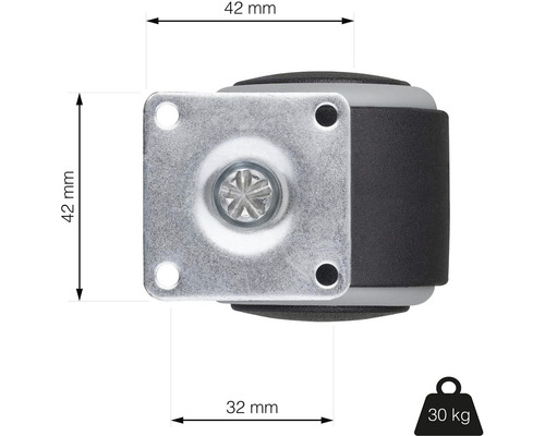 Nábytkové koliesko s montážnou doskou, rozmery: 42 x 42 mm, nosnosť 30 kilogramov