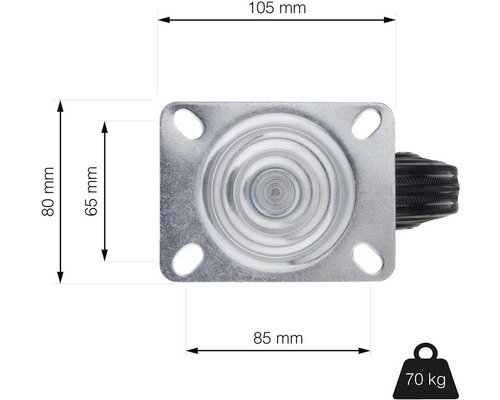 Nákres kolieska nábytkového kolieska s rozmermi 105 mm, 85 mm, 80 mm a 65 mm a maximálnou nosnosťou 70 kg.