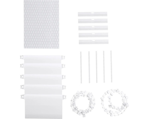 Sada náhradných dielov pre vertikálne žalúzie pozostávajúca z váhových dosiek, retiazok, spojovacích prvkov a rozperiek