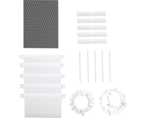 Komponenty pre lamelové žalúzie, vrátane lamiel, závaží, spojovacej retiazky a príslušenstva.