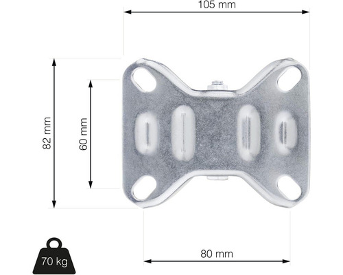 Technický nákres nábytkového kolieska s rozmermi 105 mm šírka, 82 mm výška, 80 mm hĺbka a nosnosť 70 kilogramov