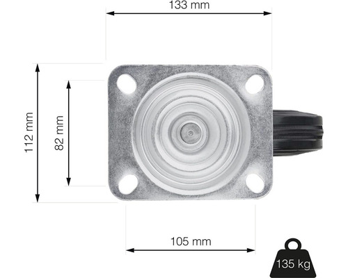 Nákres nábytkového kolieska s rozmermi 133 mm dĺžka, 112 mm výška a nosnosť 135 kg.