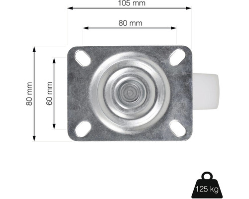 Koliesko s rozmermi 105 mm, 80 mm, 80 mm a 60 mm, nosnosť do 125 kg