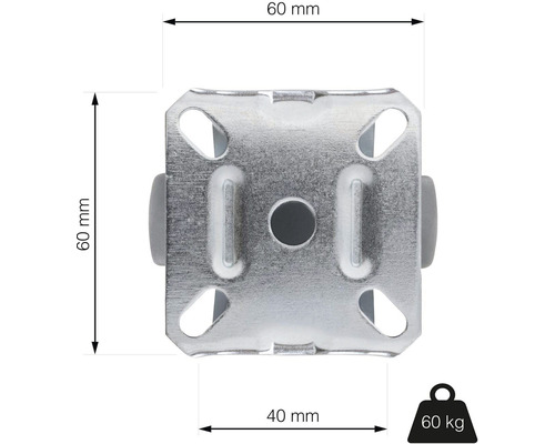 Kovový klzák na nábytok, šírka 60 mm, výška 60 mm, nosnosť 60 kg