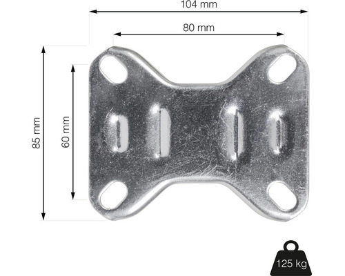 Kovový spojovací prvok s rozmermi 104 mm x 85 mm a nosnosťou 125 kg
