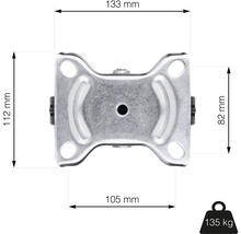 Technický nákres nábytkového kolieska s rozmermi 133 mm šírka, 112 mm výška, 105 mm hĺbka a 82 mm výška kolieska. Maximálna nosnosť: 135 kg.