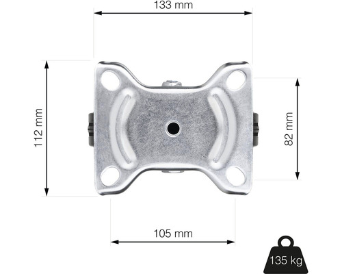 Technický nákres nábytkového kolieska s rozmermi 133 mm šírka, 112 mm výška, 105 mm hĺbka a 82 mm výška kolieska. Maximálna nosnosť: 135 kg.