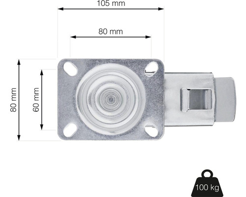 Nábytkové koliesko s brzdou, rozmery: 80 mm x 80 mm, dĺžka 105 mm, nosnosť: 100 kg