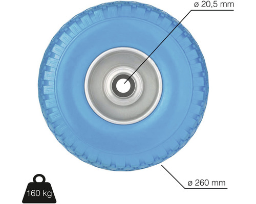 Koleso s priemerom 260 mm a vŕtaním ložiska 20,5 mm, nosnosť 160 kg
