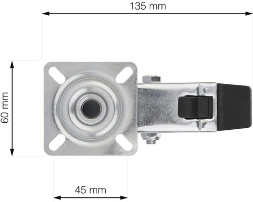 Nábytkové koliesko s brzdou a rozmermi 135 mm dĺžka, 60 mm výška a 45 mm šírka.