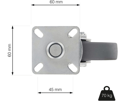 Podstavec na kolieskach s rozmermi 60 mm x 60 mm a nosnosťou 70 kilogramov.