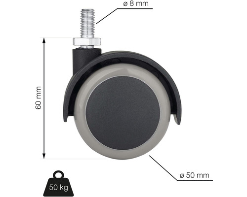 Nábytkové koliesko so závitovým kolíkom, priemer 50 mm, priemer čapu 8 mm, nosnosť 50 kg