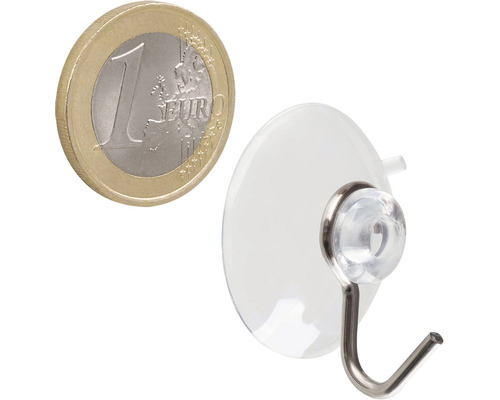 Prísavka s háčikom a jednoeurovou mincou na zobrazenie veľkosti