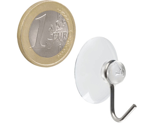 Prísavka s háčikom a jednoeurová minca na porovnanie veľkosti