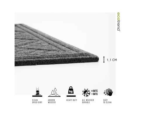 Rohožka s hrúbkou 1,1 cm, čistí suché nečistoty, absorbuje vlhkosť, vysoko odolná, vhodná do každého počasia a ľahko sa čistí.