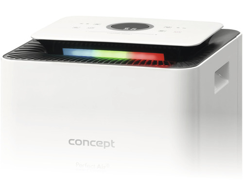 Biela čistička vzduchu s digitálnym displejom a logom Concept