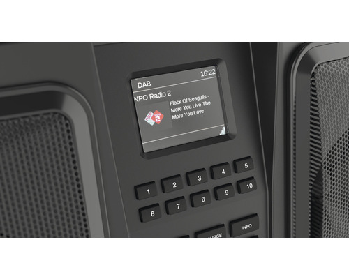 Detailný záber digitálneho rádia s displejom a klávesnicou