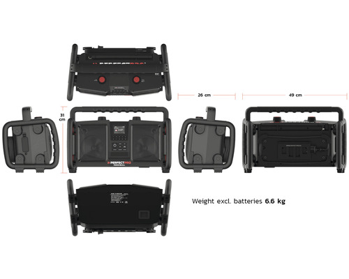 Staveniskové rádio Perfectpro Rockbull s rozmermi 31 x 26 x 49 cm a hmotnosťou 6,6 kg bez batérií.