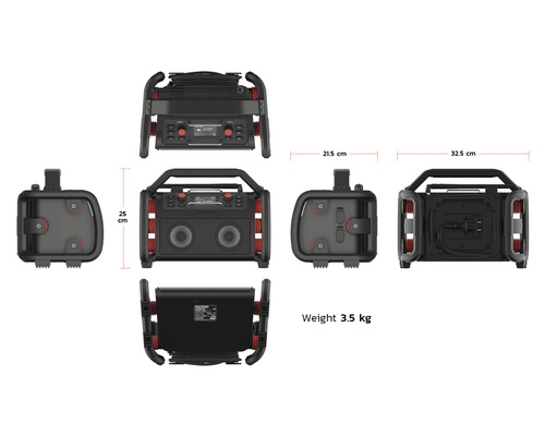 Niekoľko pohľadov na prenosný stavebný rozhlasový a zvukový systém s rozmermi a hmotnosťou