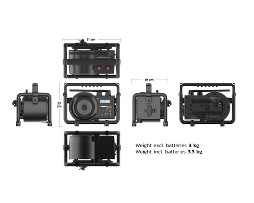 Stavebné rádio s rozmermi 31 krát 23 krát 19 centimetrov a hmotnosťou 3 kilogramy bez batérií