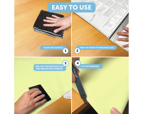 Návod v štyroch krokoch: očistite povrch, orežte papier na požadovanú veľkosť, odlepte podkladovú fóliu a odstráňte prípadné bubliny, orežte okraje.
