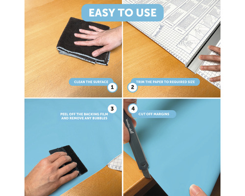 Návod na aplikáciu nábytkovej fólie v štyroch krokoch: očistite povrch, orežte papier na požadovanú veľkosť, odstráňte ochrannú fóliu a odrežte okraje.