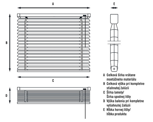 Technický nákres žalúzie s rozmermi