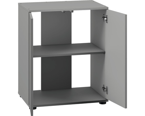 Sivá spodná skrinka s dvoma policami a otvorenými dvierkami