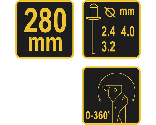 Technické špecifikácie: Dĺžka 280 mm, priemer nitov 2,4 mm, 3,2 mm, 4,0 mm, uhol natočenia 0 až 360 stupňov
