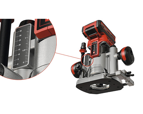 Detailný pohľad na akumulátorovú hornú frézku Einhell s nastavením hĺbky