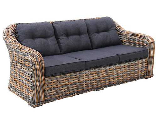 Trojmiestna záhradná pohovka z ratanu so sivými vankúšmi