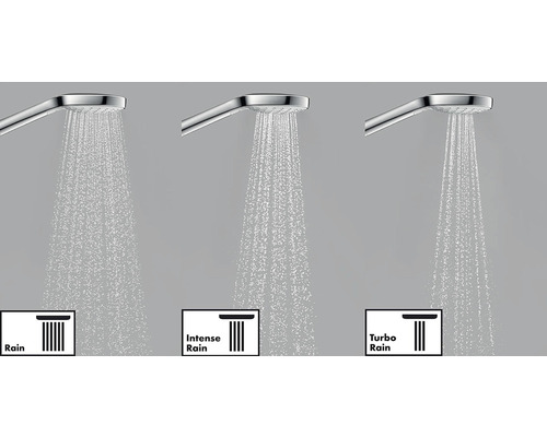 Sprchová hlavica s tromi typmi prúdu: dážď, intenzívny dážď a turbo dážď
