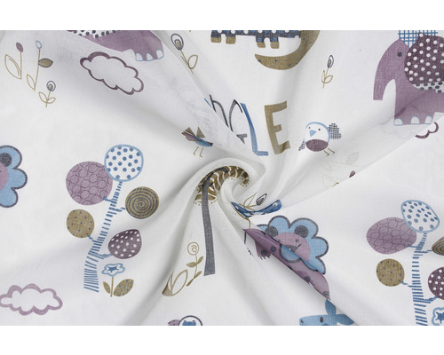 Látka s motívom džungle so slonmi, stromami, vtákmi a nápisom džungľa