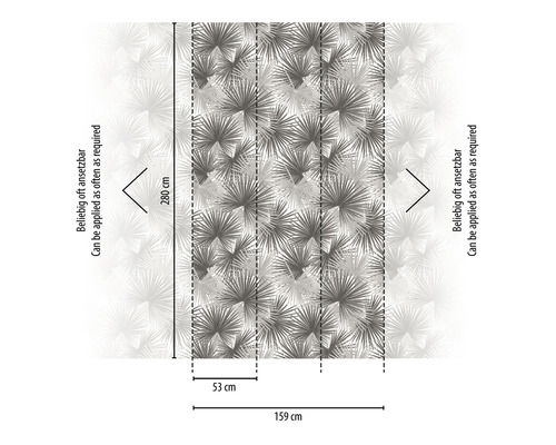 Ilustrácia vliesovej tapety s motívom palmových listov a rozmermi.
