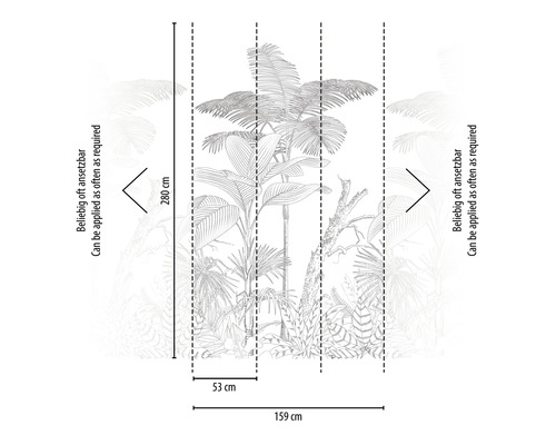 Ilustrácia vliesovej tapety s motívom džungle, rozmery 159 x 280 centimetrov