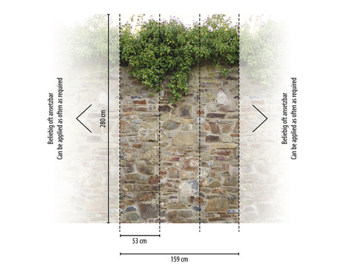 Fototapeta s kamenným múrom a rastlinami, rozmery 159 cm šírka a 280 cm výška