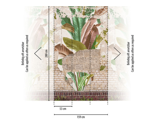 Fototapeta s tehlovou stenou a tropickými rastlinami, rozmery 159 cm šírka a 280 cm výška