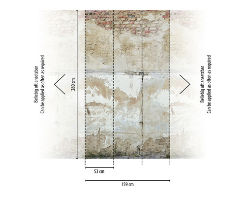 Rozmery fototapety so vzhľadom omietky: 280 cm vysoká, 159 cm široká, jednotlivé pruhy sú 53 cm široké.