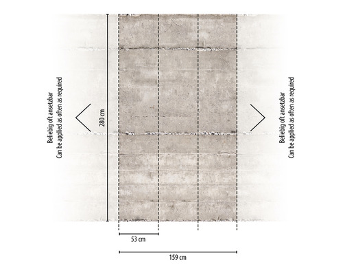 Rozmery tapety s betónovým vzhľadom: výška 280 cm, šírka 159 cm, raport 53 cm